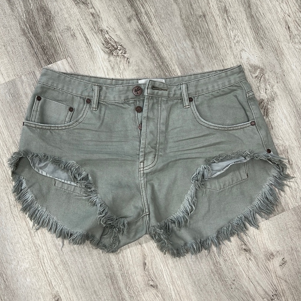 One Teaspoon Sage Green Frayed Hem Denim Shorts NWOT